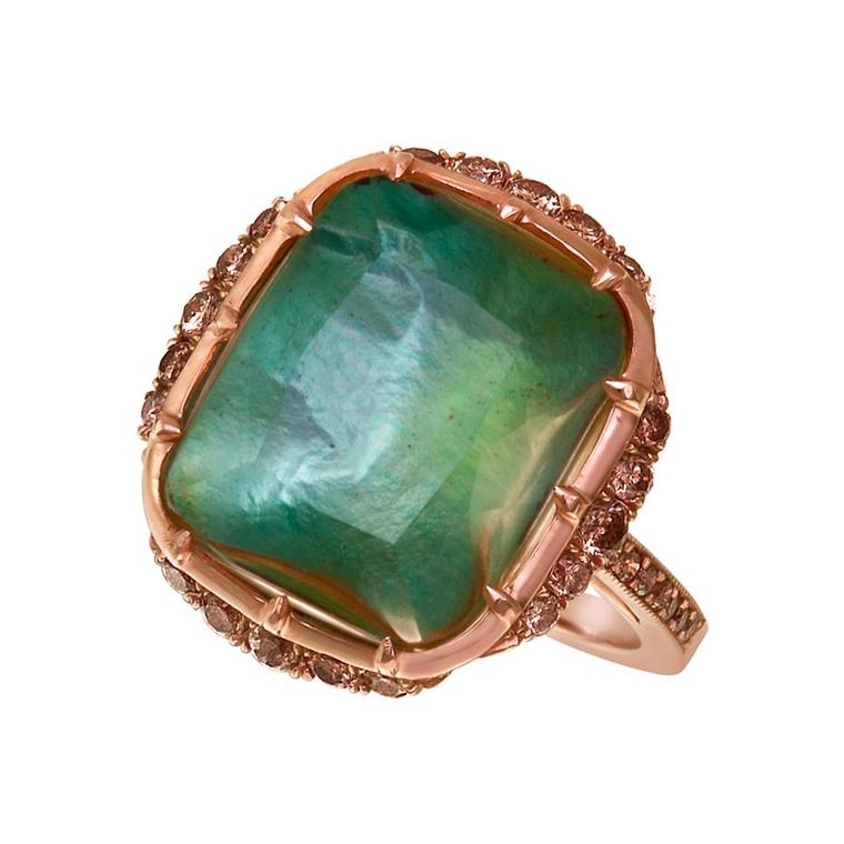 Larkspur & Hawk Caprice Wren golden citrine ring in rose gold with mint foil and diamonds ($5,600).